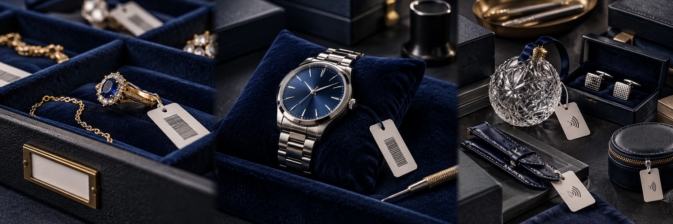 Artículos catalogados: joyería con etiquetas, un reloj de pulsera y accesorios variados con etiquetas RFID